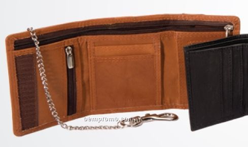 Medium Brown Cowhide Tri-fold Wallet W/ Chain
