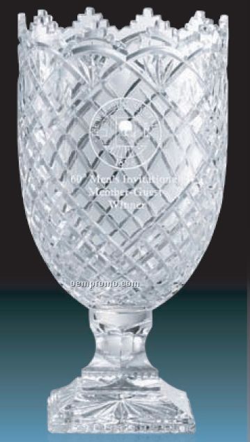 Hand Cut Crystal Vase W/ Round Bottom & Decorative Mouth / 10"