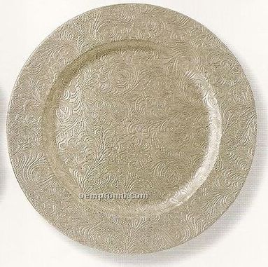 Elegance Lacquer Poly Embossed Silver Floral Round Charger - Set Of 4