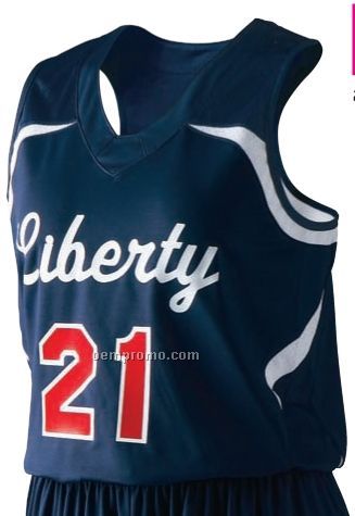 Liberty Ladies Poly Spandex Basketball Jersey Shirt W/Contrast Trim (White)