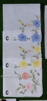 12" Ladies White Handkerchief With Multi Corner Edge Flower