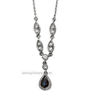 Ladies' 14kw 6x4 Genuine Sapphire & 1/6 Ct Tw Diamond Round Necklace