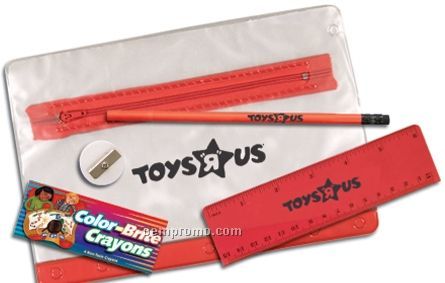 Clear Translucent Pouch School Kit (Pencil/Plastic Ruler/Crayon/Sharpener)