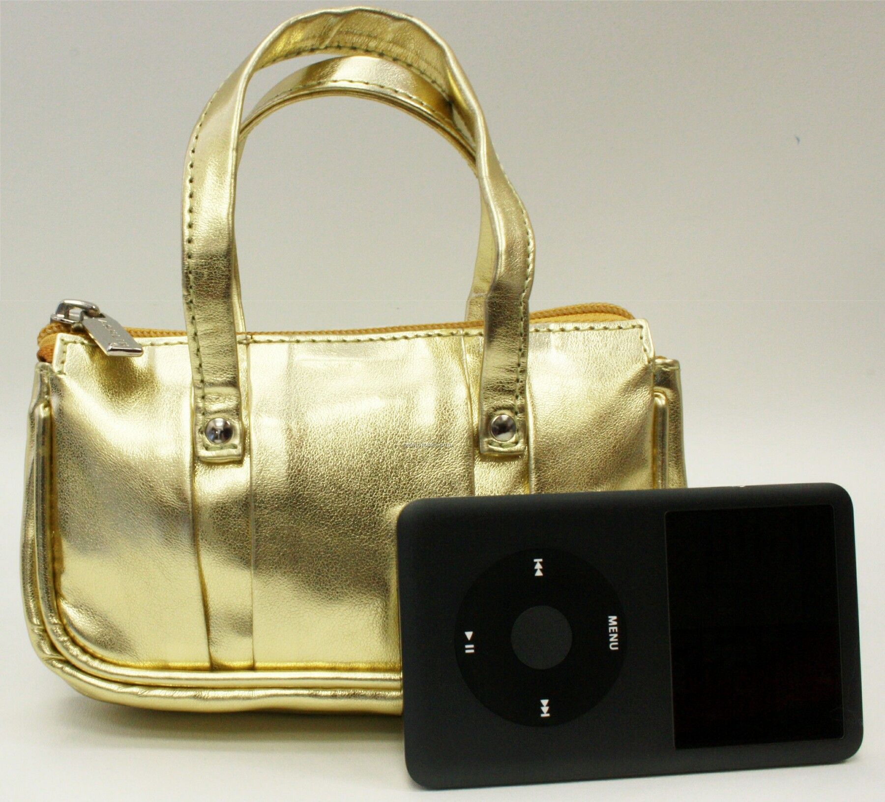 Gold Leatherette Mini Phone/Cosmetics Purse W/ 2 Sections
