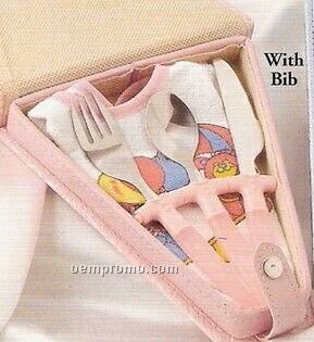 Stainless Steel Pink Baby Cutlery Sets W/ Bib