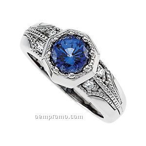 14kw Chatham Created Blue Sapphire And .08 Ct Tw Diamond Ring