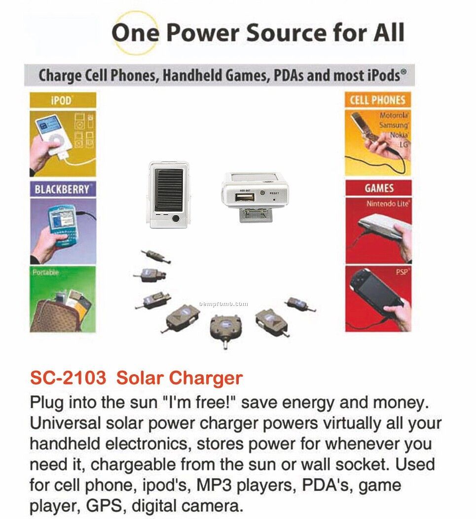 Silver Solar Power Charger / Powers Cell Phones / Mp3 Players