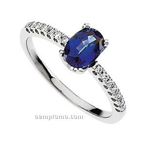 14kw Chatham Created Blue Sapphire And 1/6 Ct Tw Diamond Ring