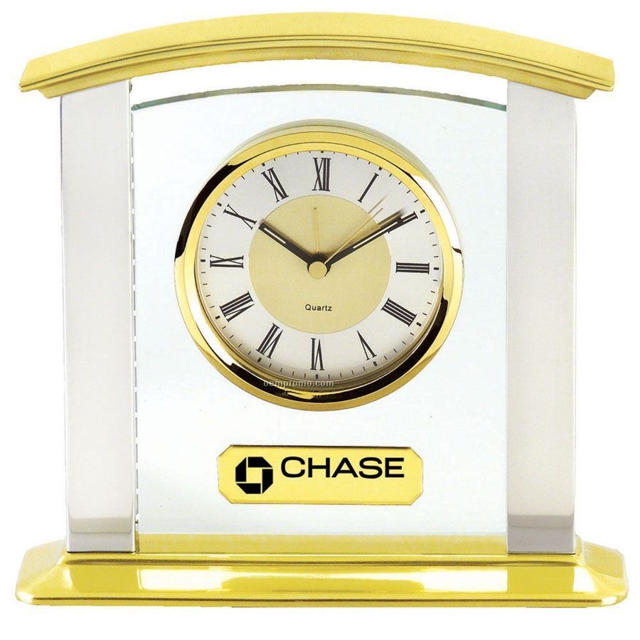 Glass & Brass Mantel Clock With Silver Columns