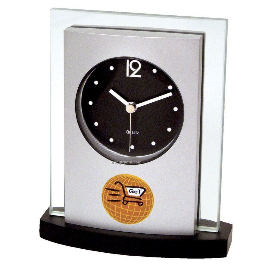 Desk Top Glass/ Wood Clock With Black Dial