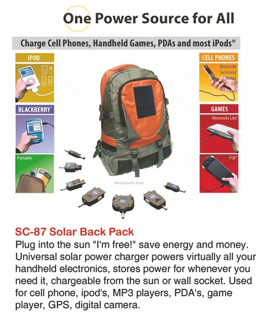 Solar Backpack / Powers Cell Phones / Mp3 Players