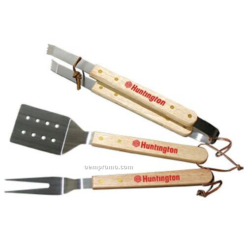 Wood Handle 3 Piece Bbq Utensil Set With Turner/ Tongs & Fork