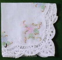 15" Ladies White Embroidered Handkerchief With Pink And Blue Flowers