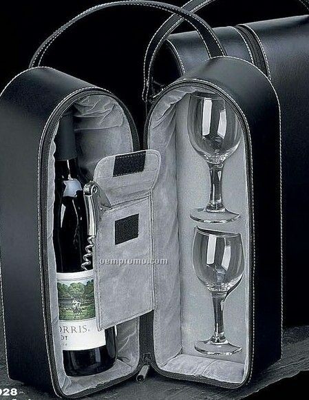 Wine Caddy W/ 2 Glasses & Opener In Black Leather Case