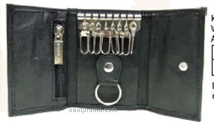 Black Lambskin Napa 8 Hook Key Case W/ Zipper Pocket