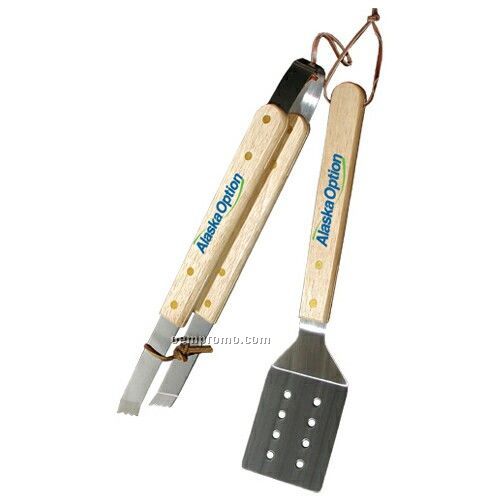 Wood Handle 2 Piece Bbq Set With Tongs & Spatula