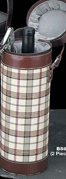 Wine Caddy W/ Bar Tool In Brown Plaid Leather Case
