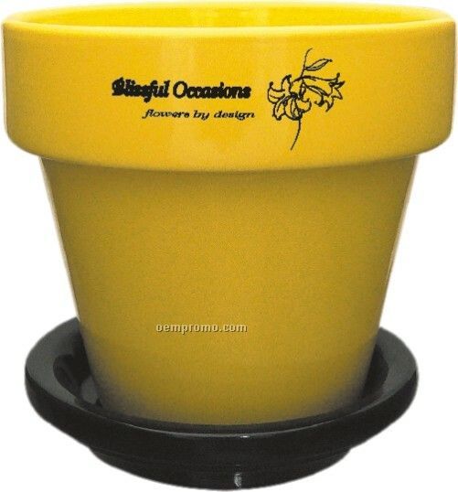 5-1/2" Flower Pot With Saucer - White - Screen Printed
