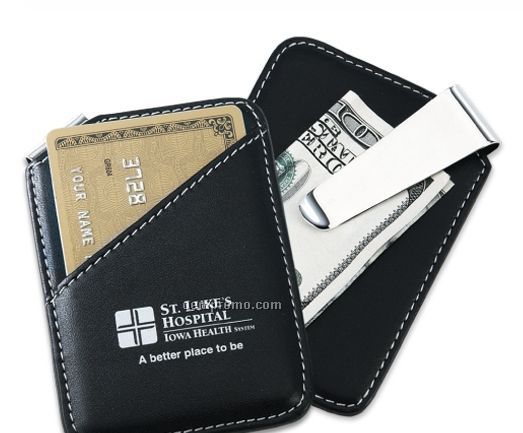 Faux Leather & Chrome Plated Combo Money Clip W/ Card Holder