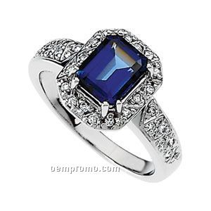 14kw Chatham Created Blue Sapphire And 1/6 Ct Tw Diamond Ring