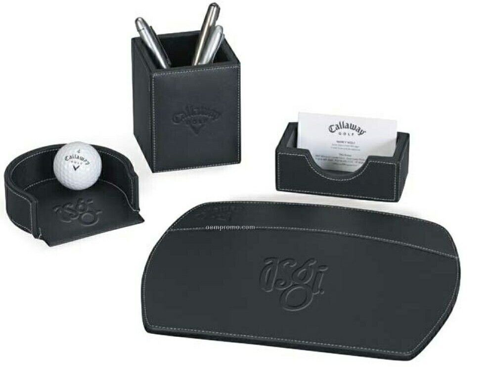 Leather Deluxe Desk Set W/ Mouse Pad, Putter Cup & Business Card Holder