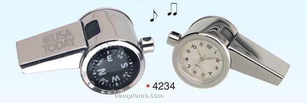 3-in-1 Chrome Whistle W/ Clock & Compass (Engraved)