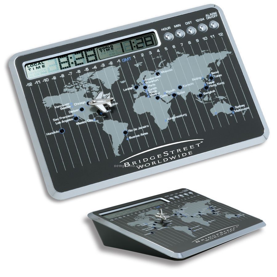 World Map Time Lcd Clock (6-7/8"X2-1/2" )