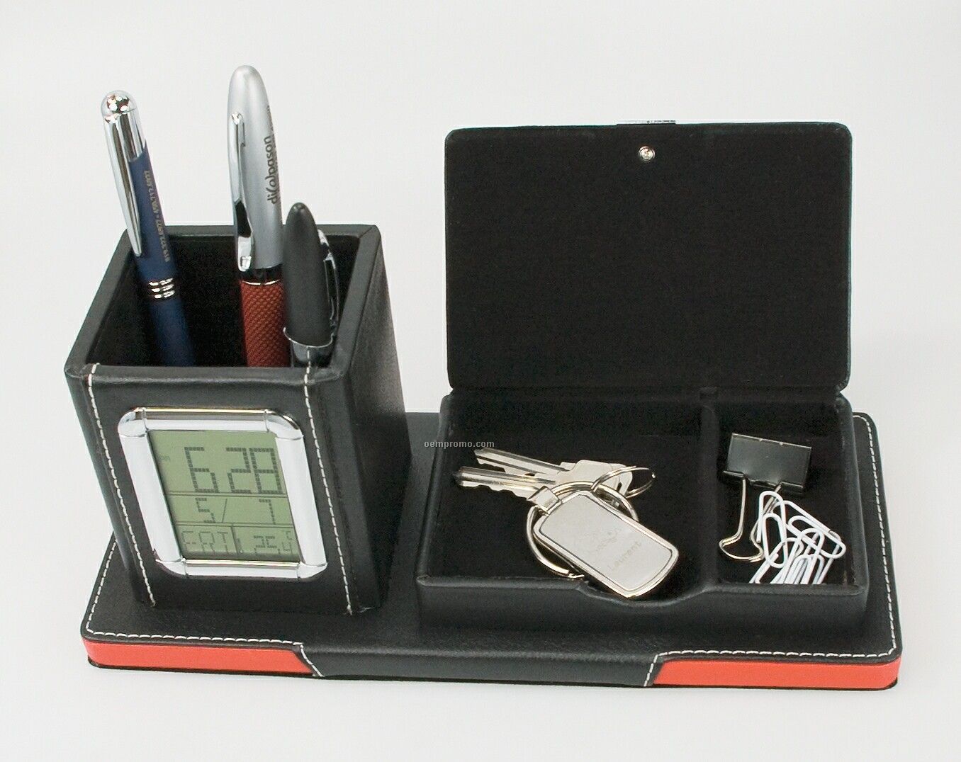 Desk Clock W/ Pen Holder & Storage Compartment