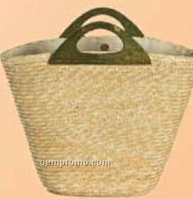 Straw Hand Held Tote Bag With Wooden Handles