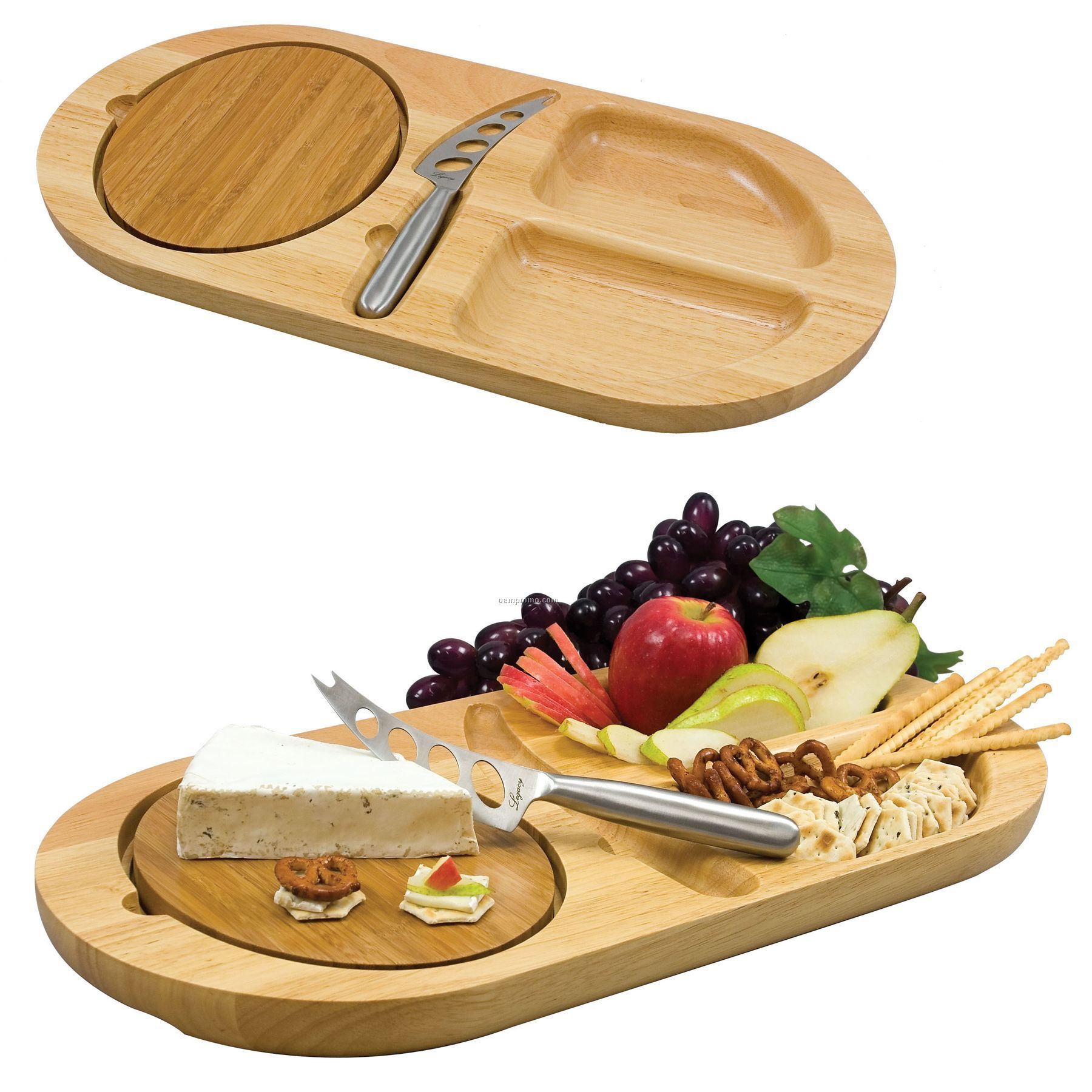 Fontina Oval Wood Serving Tray W/ 2 Carved Moats & Removable Cutting Board
