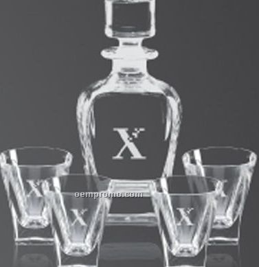Crystal Decanter & 4 On The Rocks Glasses