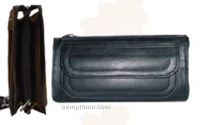 Black Stone Wash Cowhide Clutch Bag W/ Top Zipper