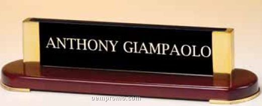 Rosewood Finish Name Plate W/ Gold Metal Accents & Glass Upright