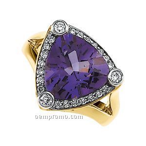 14ky Genuine Trillion Amethyst And 1/3 Ct Tw Diamond Ring