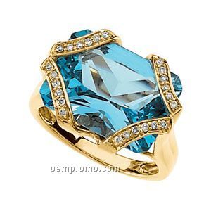 14ky Genuine Radiant-cut Swiss Blue Topaz And 1/6 Ct Tw Diamond Ring