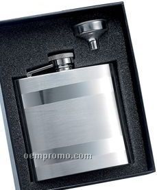 6 Oz. Stainless Steel Flask W/ Horizontal Stripes & Funnel Gift Set