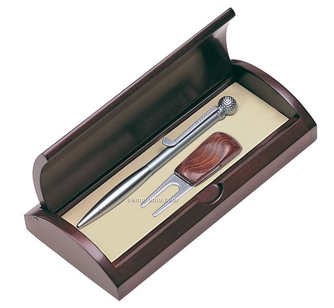 Golfer's Pen And Divot Tool Gift Set In Rosewood Box