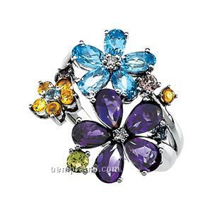 14kw Genuine Multi-color Gemstone Flower Ring