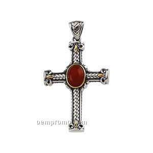 Sterling Silver/14ky Genuine Dyed Red Coral Cabochon Cross Pendant