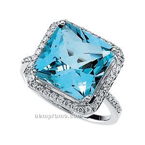 14kw Genuine Swiss Blue Topaz And 1/2 Ct Tw Diamond Ring