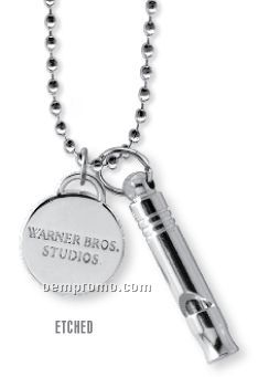White Silver Plated Emergency Mini Whistle W/ Ball Chain & Etched Charm