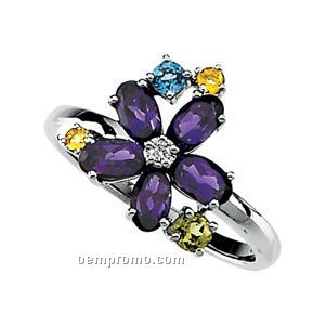 14kw Genuine Multi-color Gemstone Flower Ring