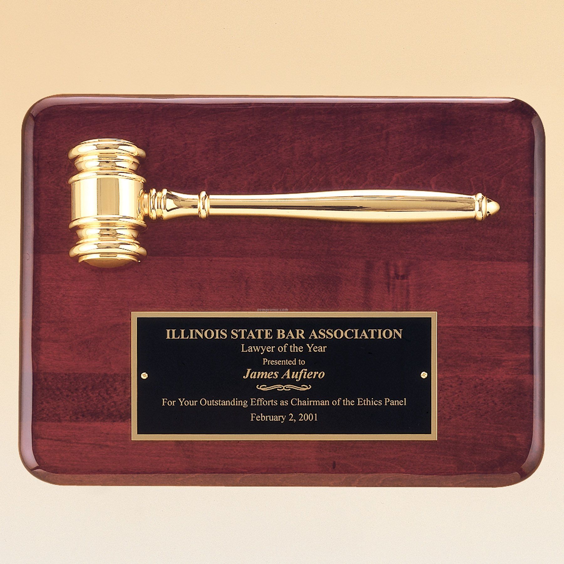 Rosewood Stained Piano Finish Plaque W/ Gold Electroplated Metal Gavel