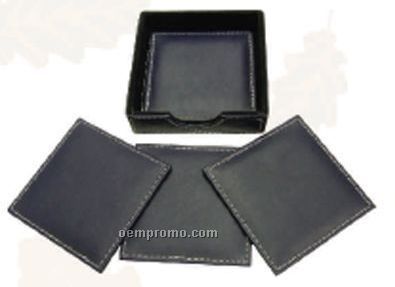Navy Blue Set Of 4 Square Stone Wash Cowhide Coasters