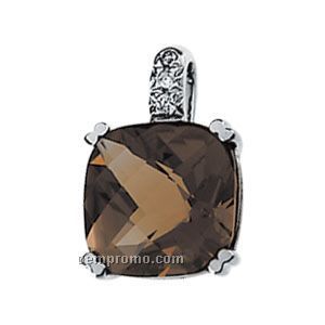 14kw Genuine Checkerboard Smoky Quartz And .03 Ct Tw Diamond Pendant