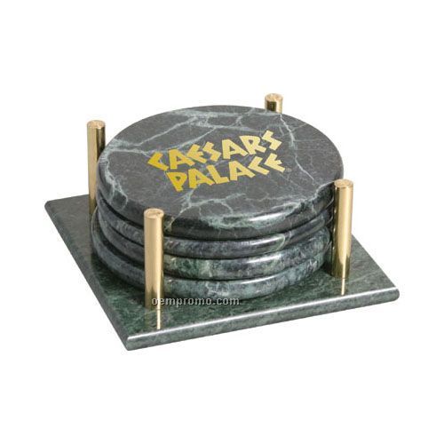 Set Of 4 Round Marble Coasters With Stand