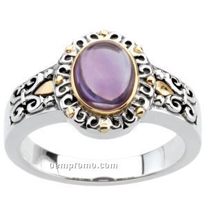Sterling Silver Two Tone Genuine Amethyst Cabochon Ring