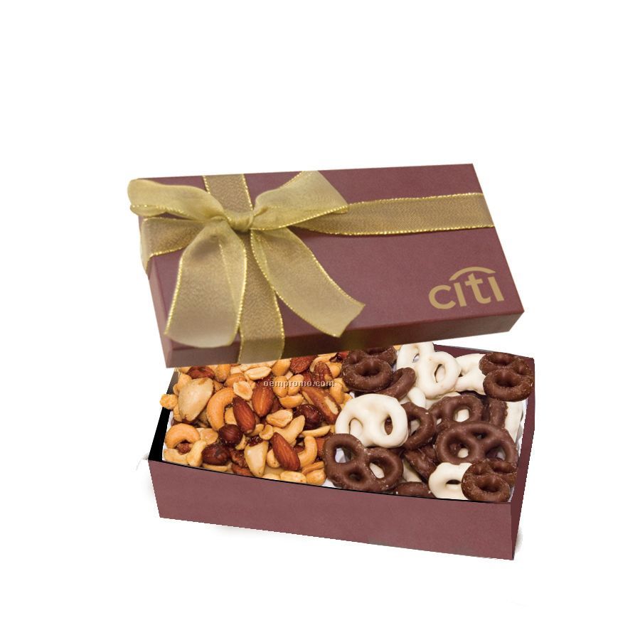 The Executive Burgundy Red Chocolate Covered Pretzels & Mixed Nuts Box