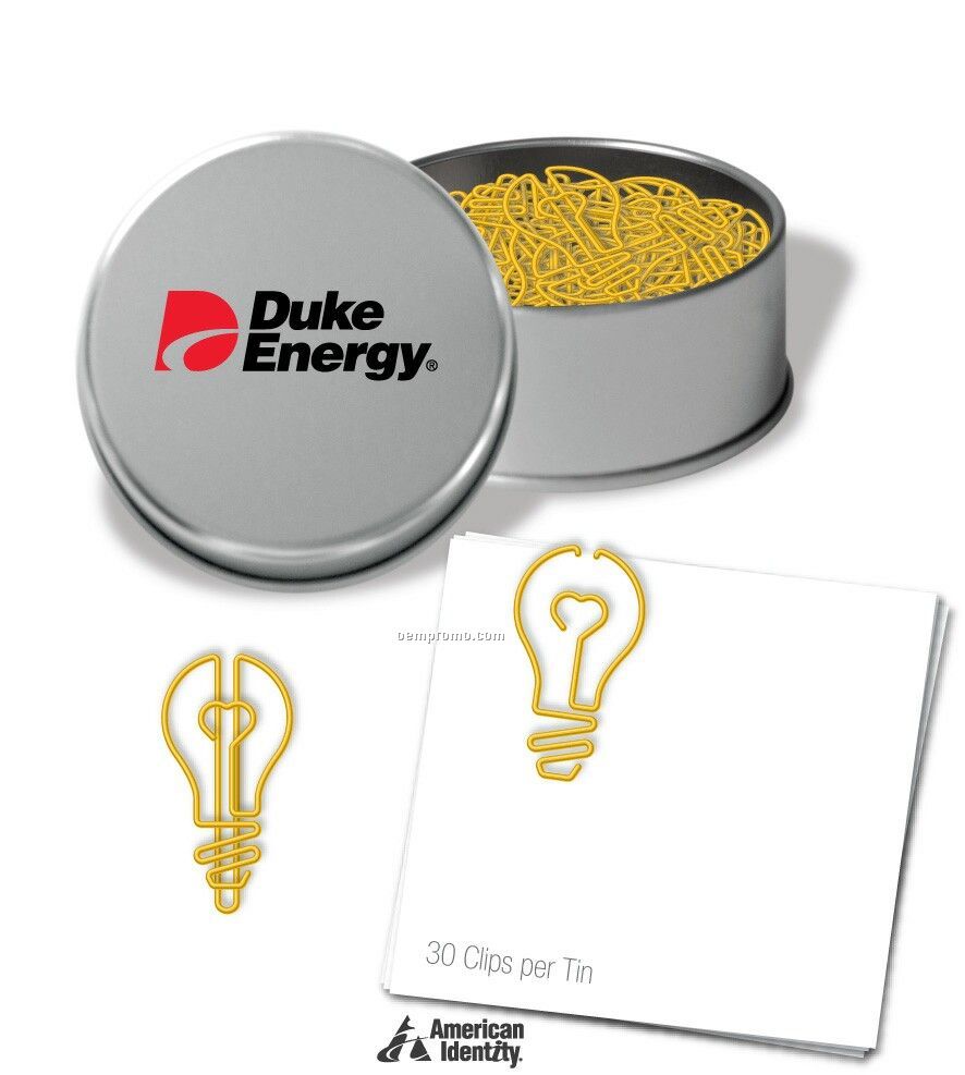 Stock Logo Paper Clips In Tin Full Color Mylar Label (Lightbulb)