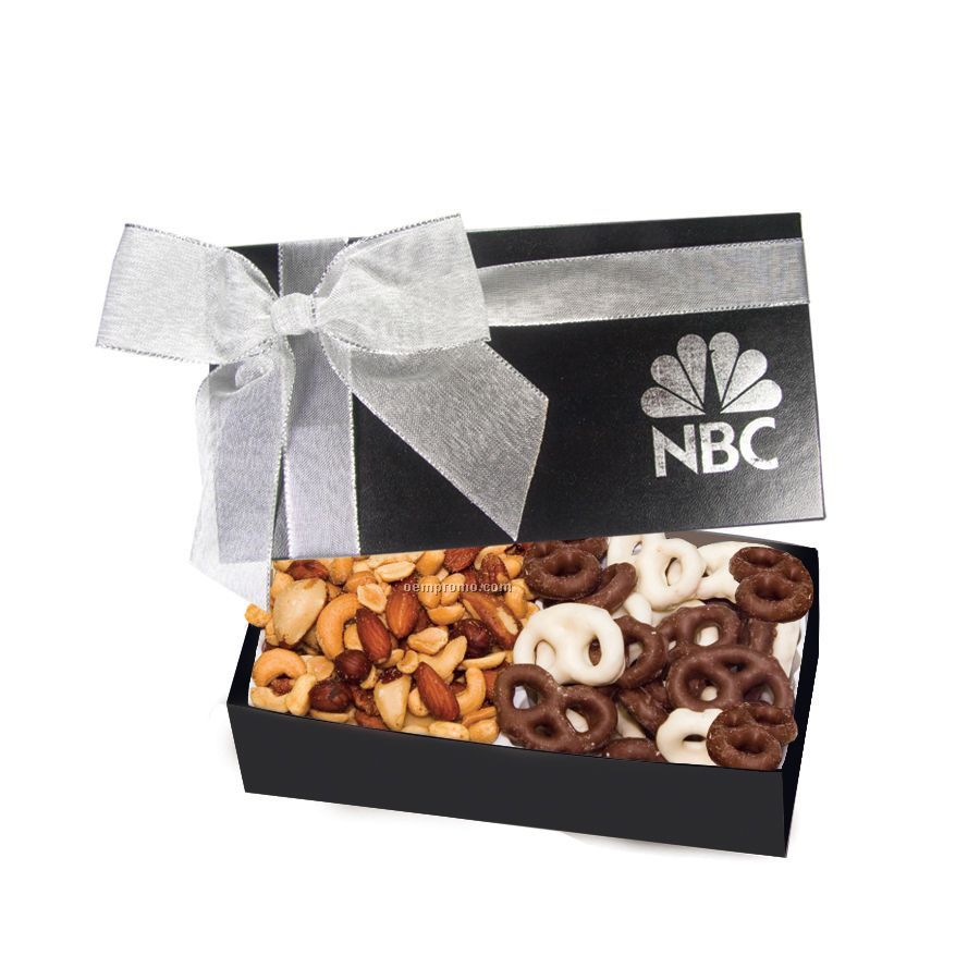 The Executive Black Chocolate Covered Pretzels & Mixed Nuts Box